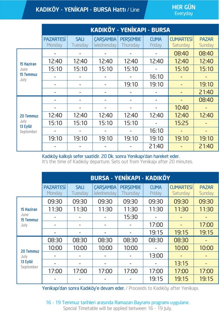 İDO Kadıköy Yenikapı Bursa yaz tarifesi