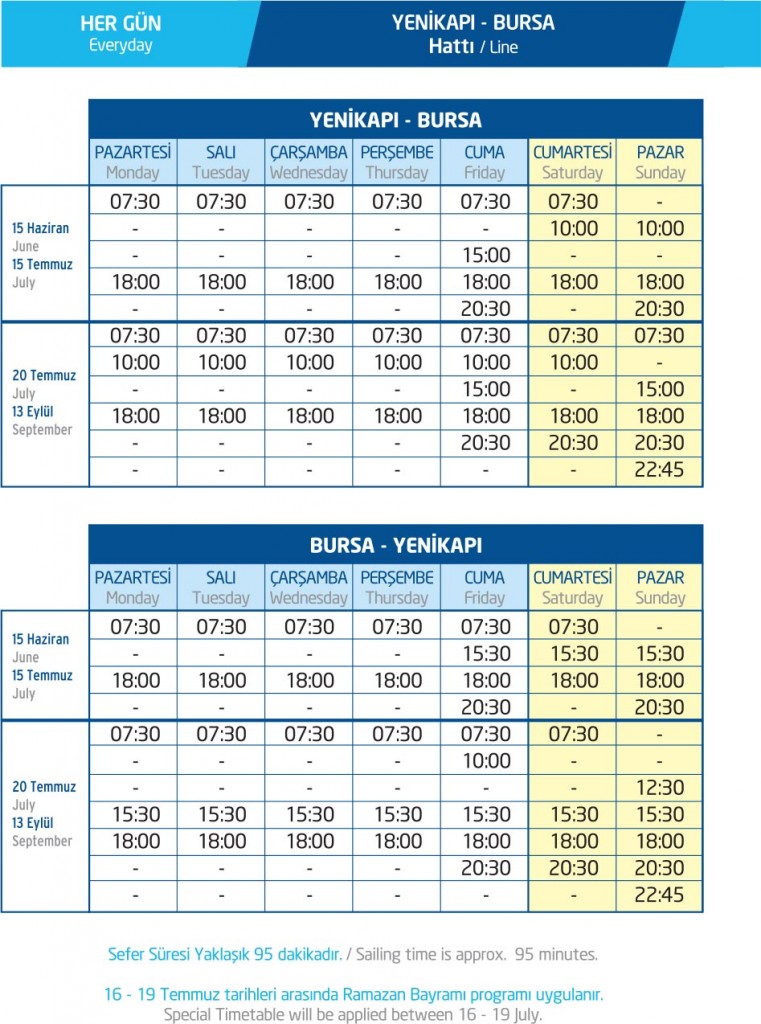 İDO Yenikapı Bursa yaz tarifesi